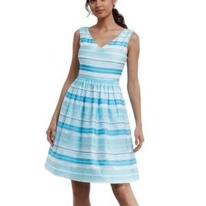Lilly Pulitzer Silk Fit & Flare Dress 10 Blue White Striped V-Neck Cotton‎ Lined